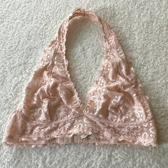 Anthropologie Lacy Halter Plunge Bralette Floral Sz L Peach Wireless NWOT - Picture 2 of 11